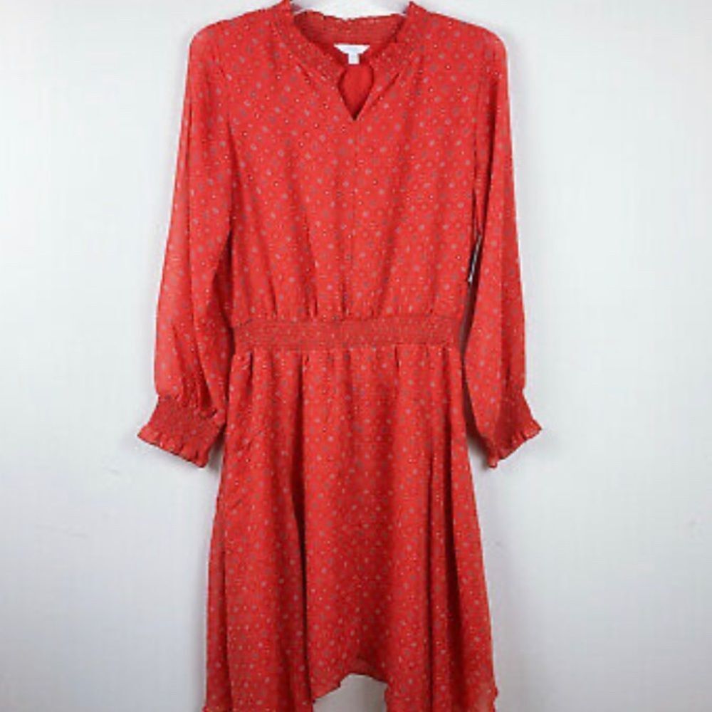 Boho Maxi Dress Handkerchief Hem Ruffle Sleeve Smocked Waist XL Extra Large